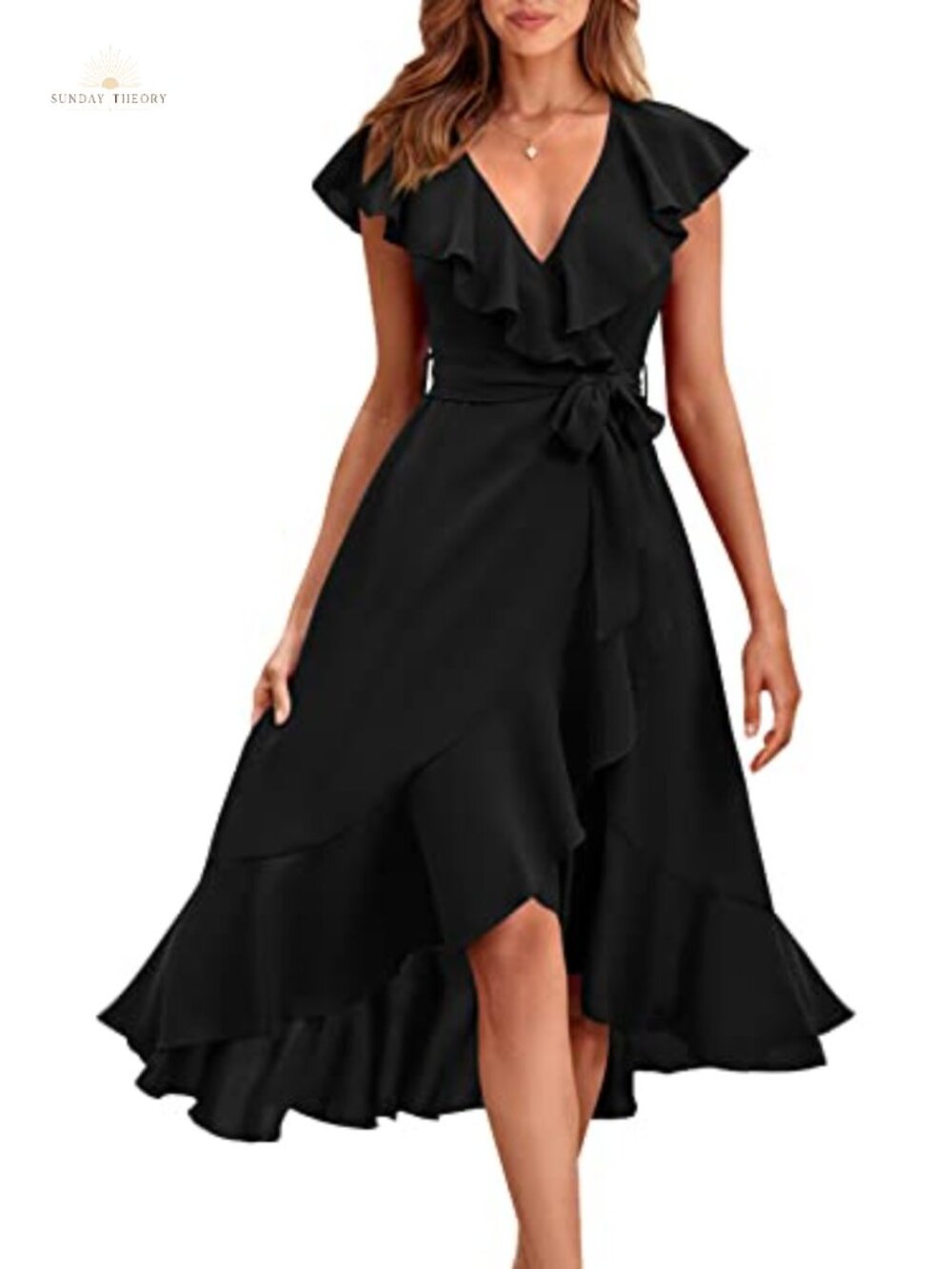 Casual Boho Midi Dress Deep V Neck Short Sleeve Ruffle Hem Split Beach Long
